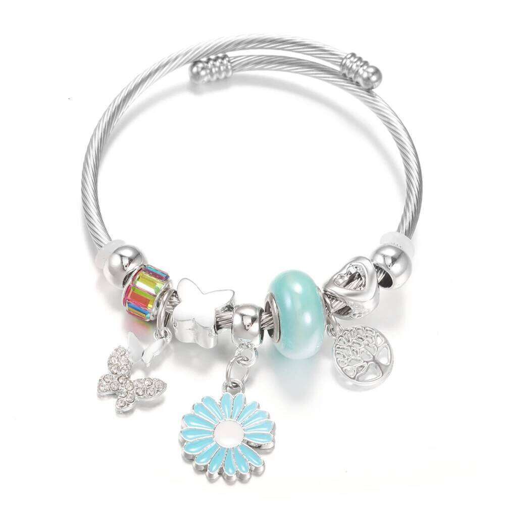 New Rhinestone Butterfly Pendant Stainless Steel Beaded 4 Colors Painted Flowers Closure Bangles Bracelet Women Jewelry H260202