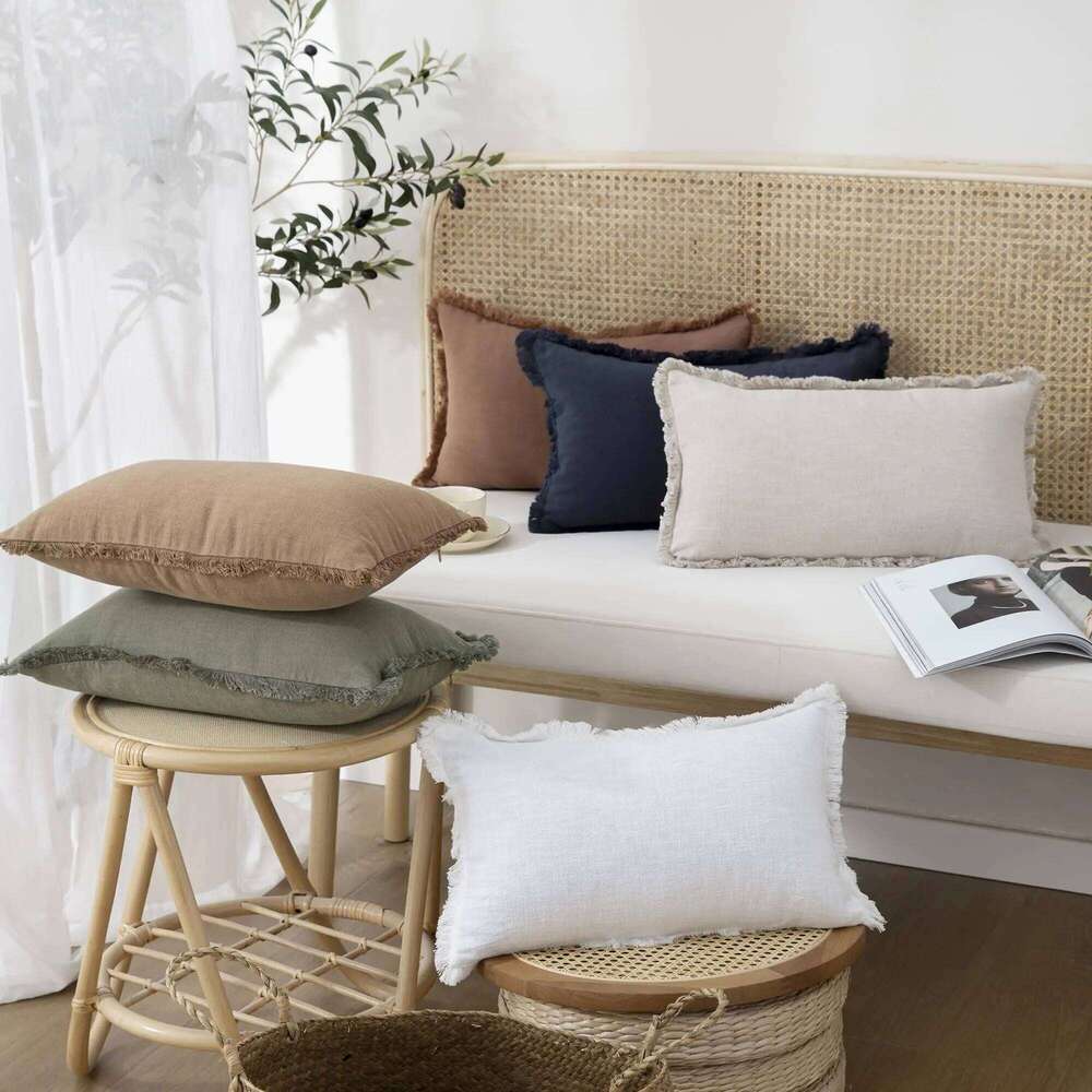 Set of 2 Decorative Linen Fringe Lumbar Throw Pillow Covers Boho Farmhouse Cushion Cover with Tassels Soft Pillowcase for Couch 26Y0202