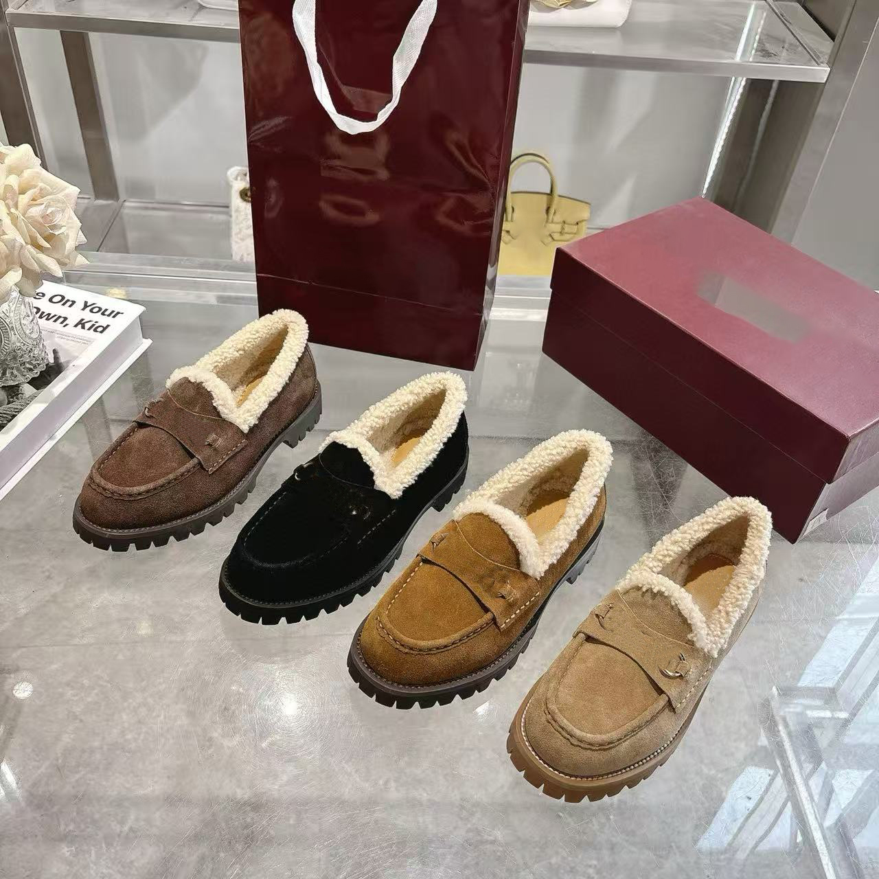 Designer Shoes Fashion Women Dress Loafers Luxury Suede Leather Platform Fur Winter Shoes Casual Slip-On Loafers Size 36-42