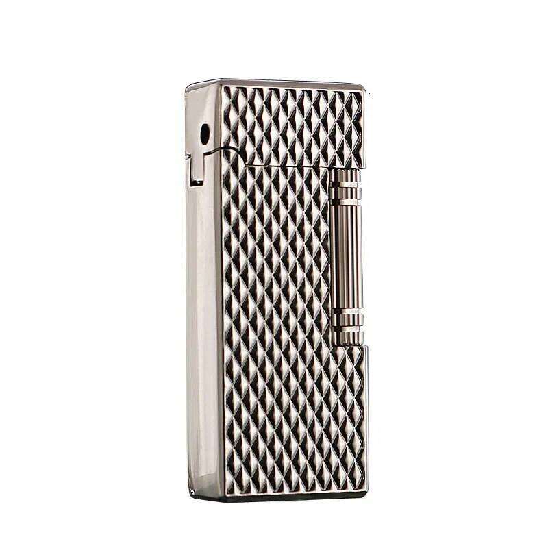 Grinding Wheel Side Slide Tilt Butane Gas Lighter, High Quality Metal Embossed Open Flame Lighters, Cigarette Accessories W260202