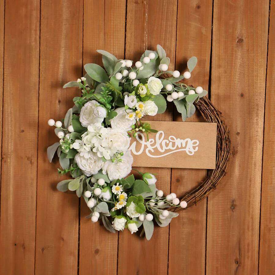 YeeNanee Spring Artificial Sunflower Wreath for Front Door Green Eucalyptus Wreaths with Welcome Sign Wall Window Outdoor Decor 26H0202