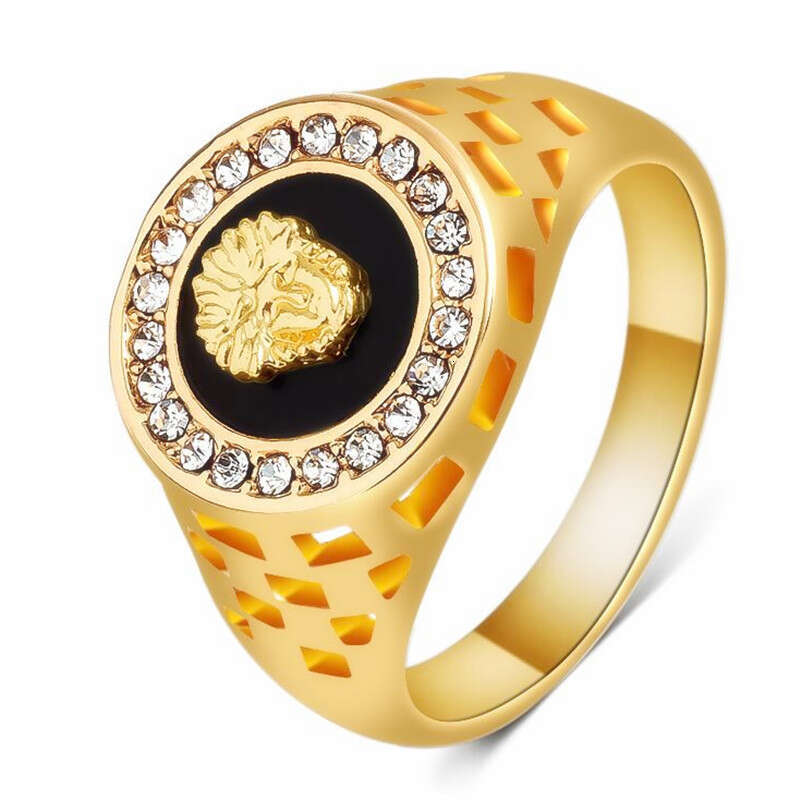Jewelry European and American Fashion Men's Portrait & Ring Inlaid with Diamonds Hollow Oil Drop Round Lion Head Index Finger Ring