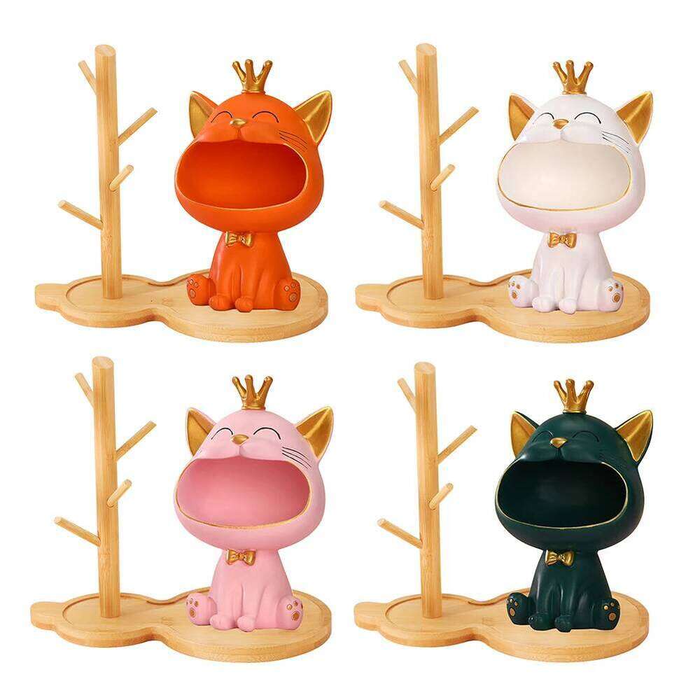 Storage With Wooden Rack Big Mouth Cat Resin Table Sculpture Entrance Crafts Household Supplies for Office Coffee Shop Y260202