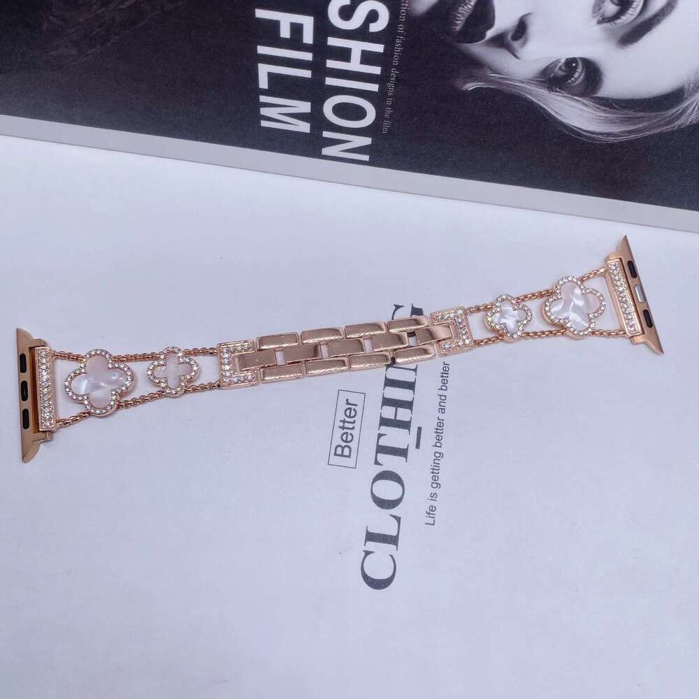Sparkly Diamond-Encrusted Clover Metal Band Bling Rhinestone Bracelet Strap Compatible with Apple Watch SE1-11 Series