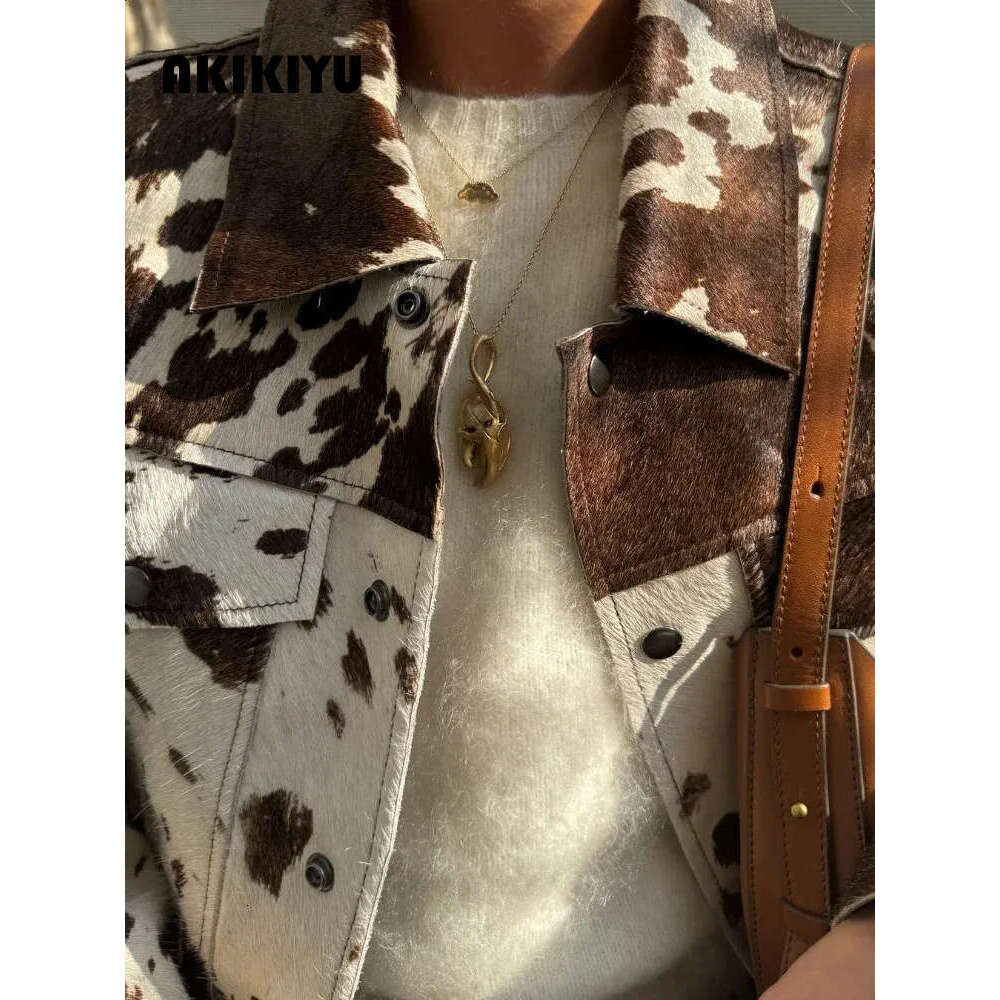 Fashionable Printed Short Leather Jacket With Collar Long Sleeve Single Chest Autumn Womens High Street Top AKIKIYU