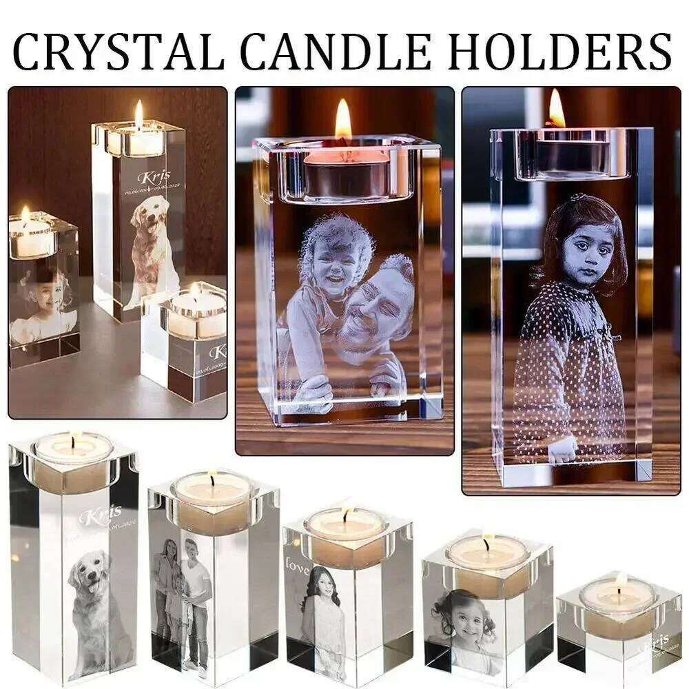 2D Custom Personalized Candle Holder Engraved Clear Crystal Candlestick with Picture Text Home Decor Birthday Christmas Gifts Y260131