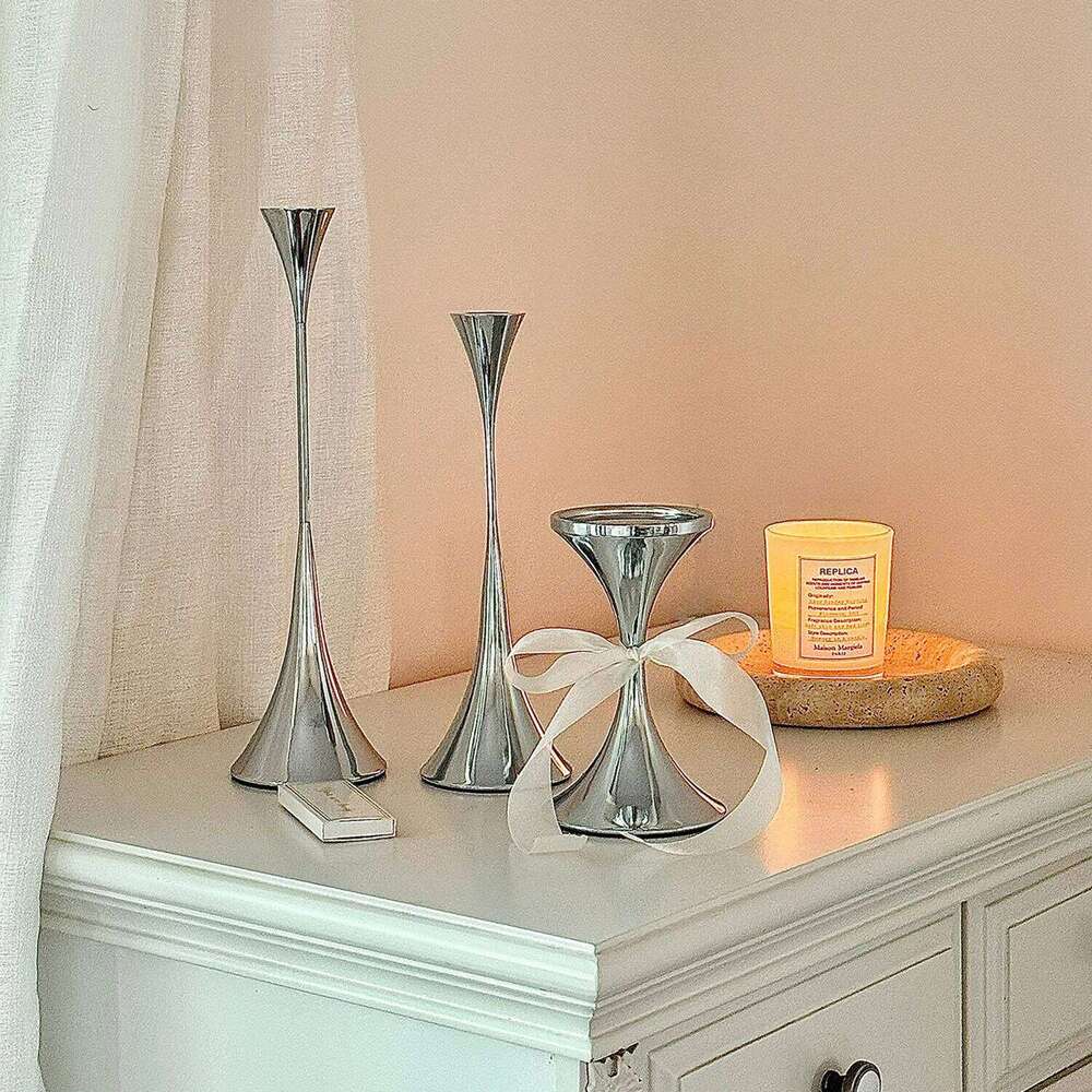 Silver Candlestick,Wedding Party Christmas Festival Dining Table Decor,Home Metal Candle Holder Photo Prop Y260131