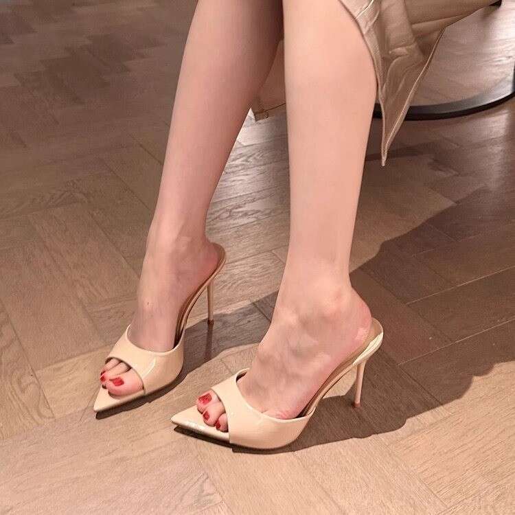 Black Pointed Open Toe Sexy Slip-On Design Shoe Mules Patent Leather High Sandals 2026 New Summer Thin Heel