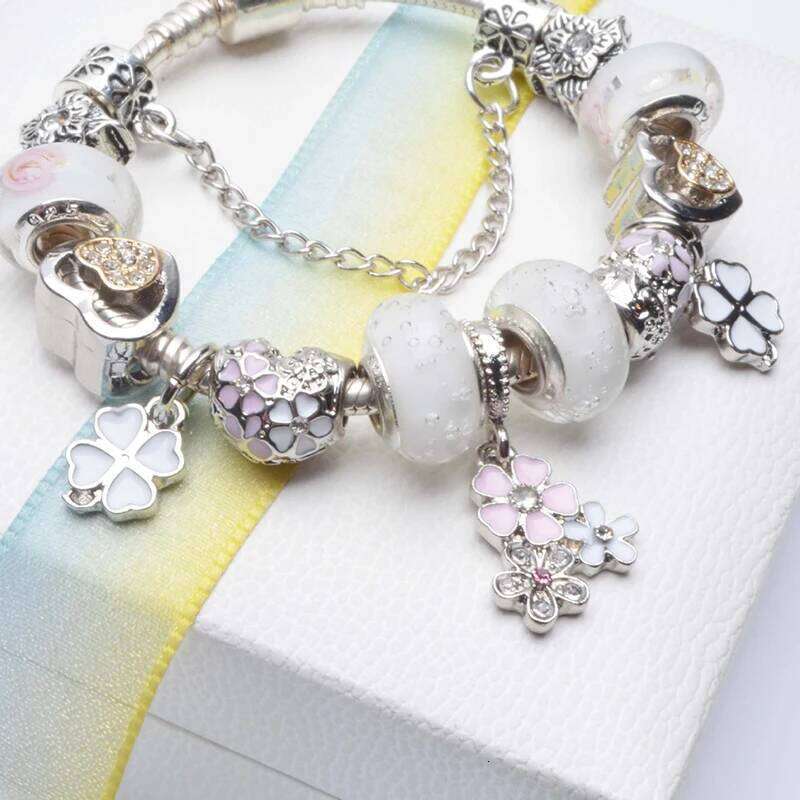 Cherry Blossoms Pendant Charm With White Love Heart & Crystal Beads Brand Bracelets Bangles For Women Fashion Jewelry H260202