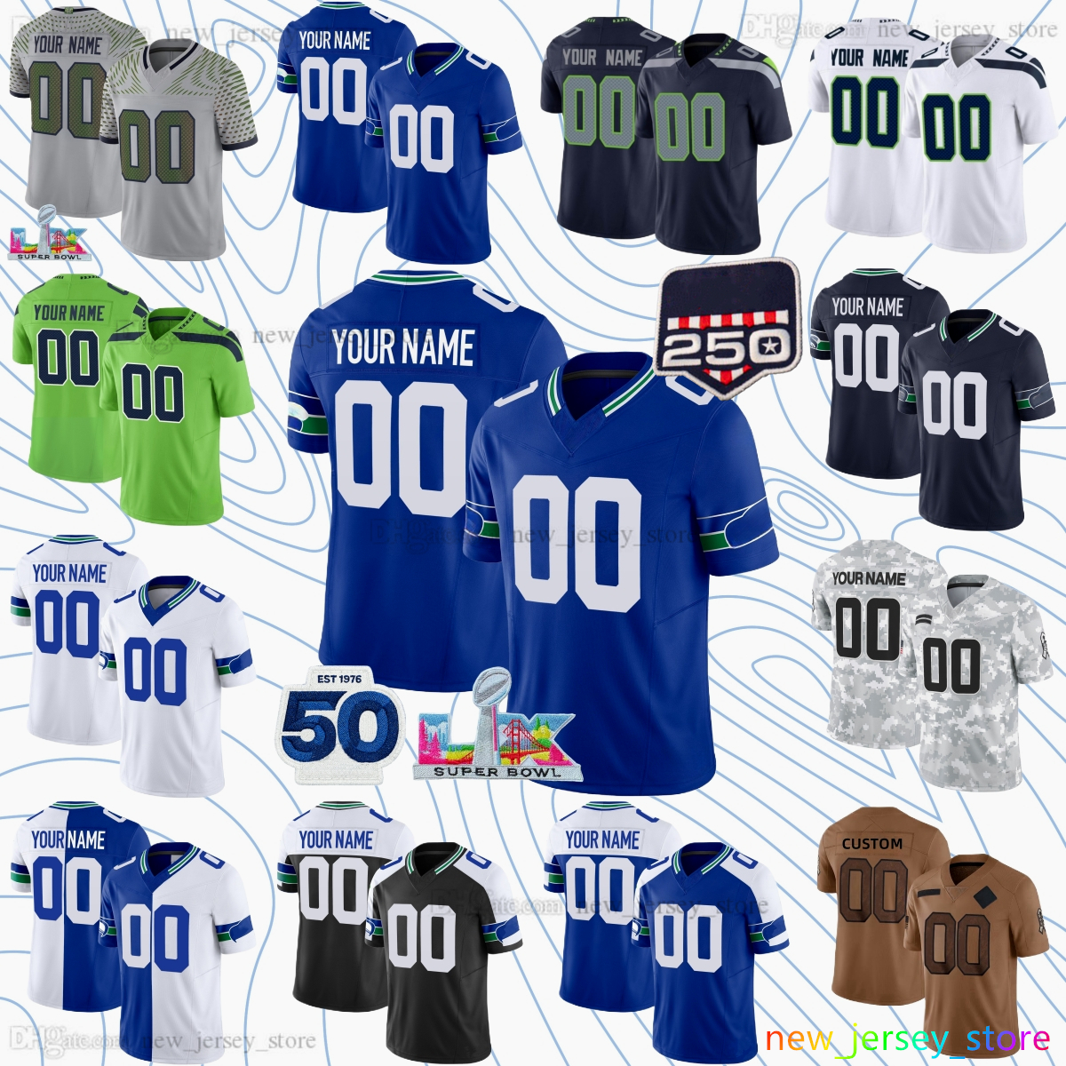 11 Jaxon Smith-Njigba Football Jersey 12 th Fan 14 Sam Darnold 250th anniversary 9 Kenneth Walker III 8 Coby Bryant 91 Byron Murphy II Custom S-6XL 2026 SuperBowl Jerseys