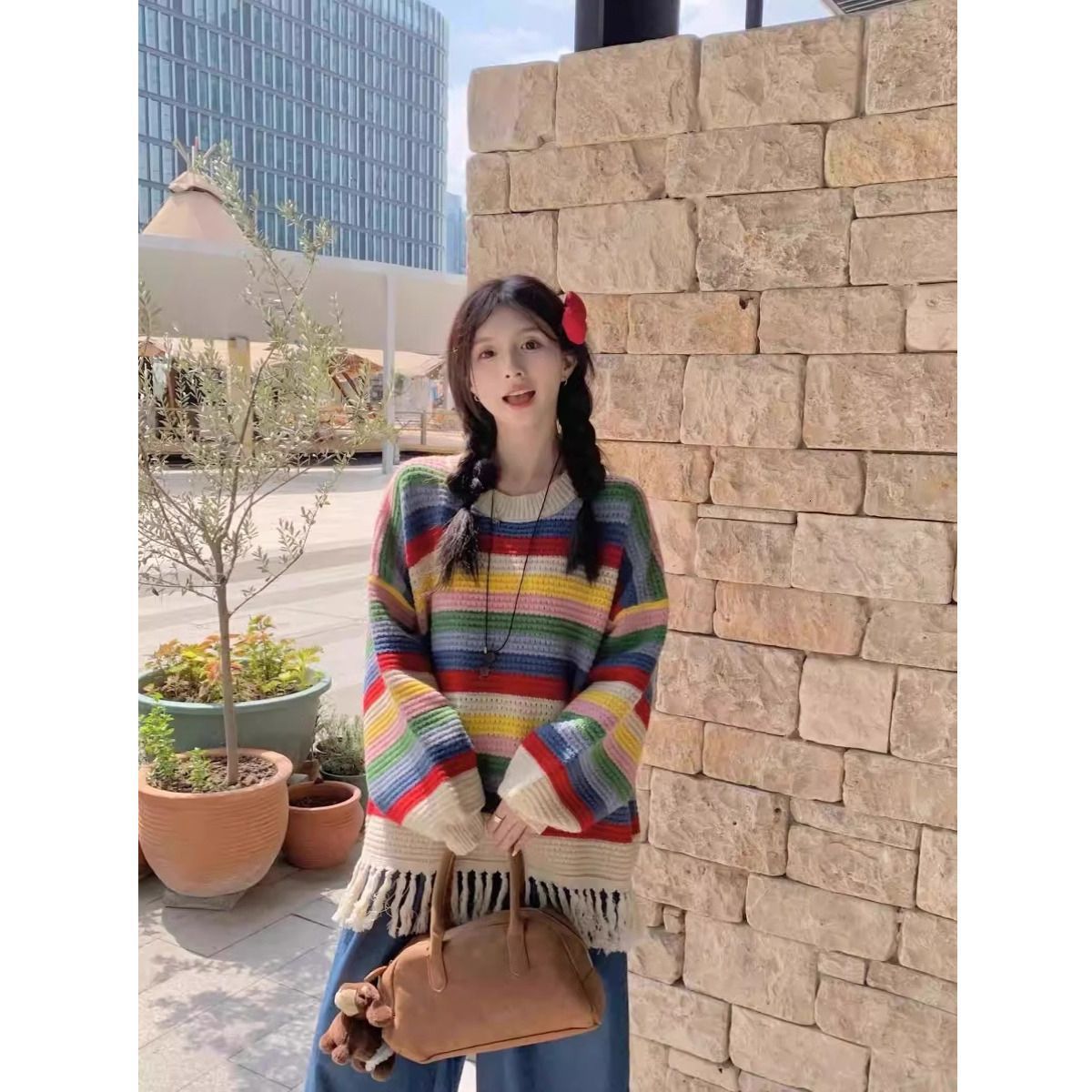 Tossy Tassel Contrast Holiday Sweater Pullovers For Women Loose Flared Sleeve Beach Boho Knit Female Cover up Pullover Crop top 240808