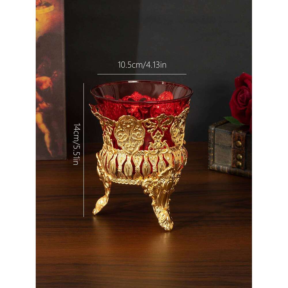 Cross-border hot selling metal red glass bowl cup European style ornament candle holder Y260131