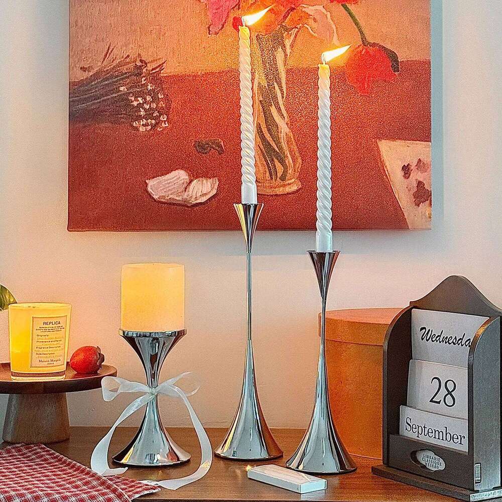 Silver Candlestick,Wedding Party Christmas Festival Dining Table Decor,Home Metal Candle Holder Photo Prop Y260131