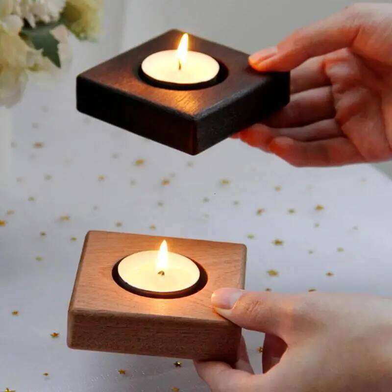 Nordic Style Wooden Candlestick Home Table Decoration Square Wood Chip Tealight Candle Holder Bar Party Ornaments Y260131