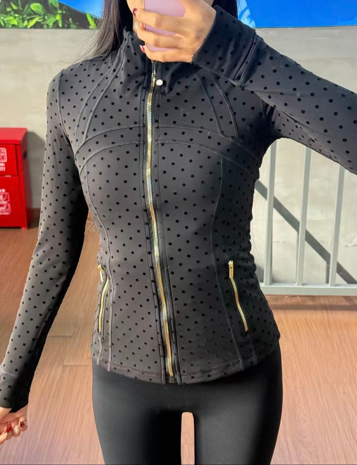 black polka dot Sets Hot Women With Gold Zipper Full Length Jacket Quick Dry Pants Top Solid Zip Up Coat Lightweight Gym Pant Jaket Yoga Set 1656