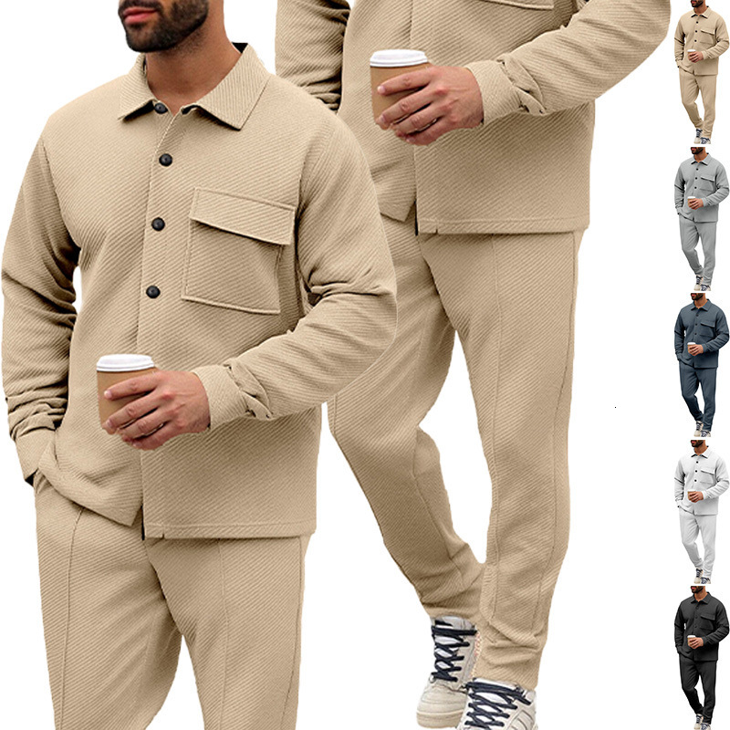 Mens Spring and Autumn Casual Jacquard Pocket Button Jacket and Sweatpants Set Versatile Sportswear