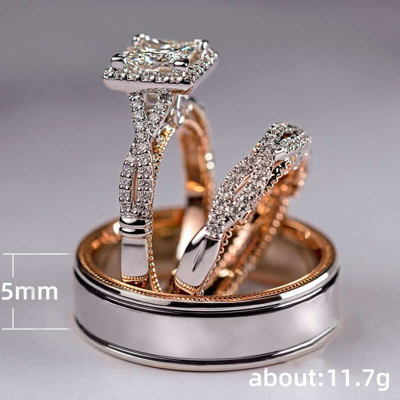 Three piece set of rose &Ring gold color separation sparkling zircon ring, luxurious engagement ring for men women in Europe and America