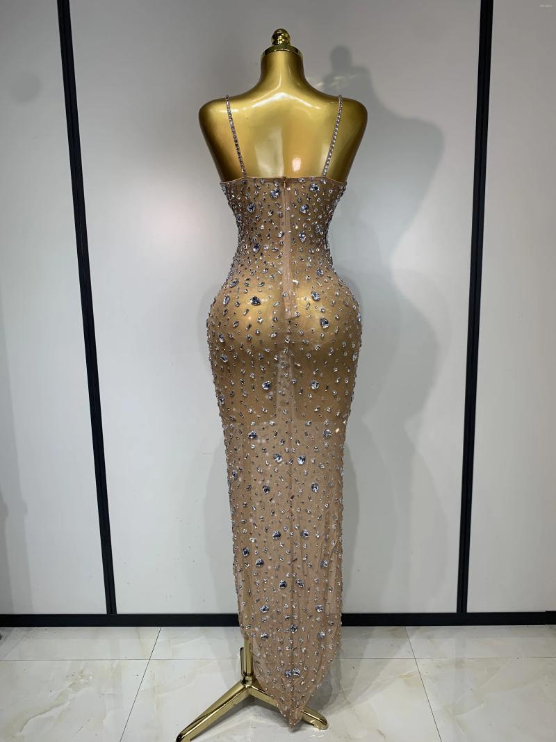 Casual Dresses Luxury Rhinestones Sexy Mesh See Through Bodycon Dress Women Birthday Evening Cocktail Party Gown Red Carpet Club Stage - view 7