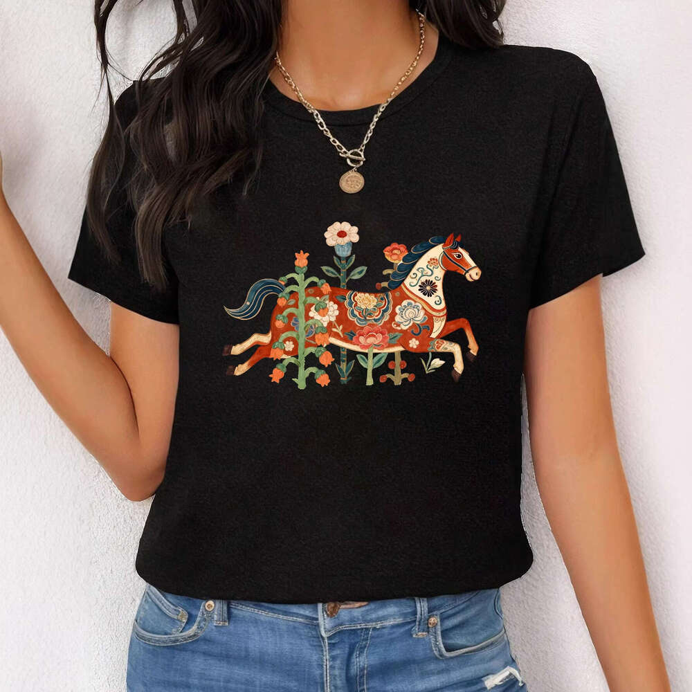 2026 Year Of The European American Summer New Women's Japanese And Korean Casual Horse Floral Pattern Printed Loose Short Sleeve T-Shirt