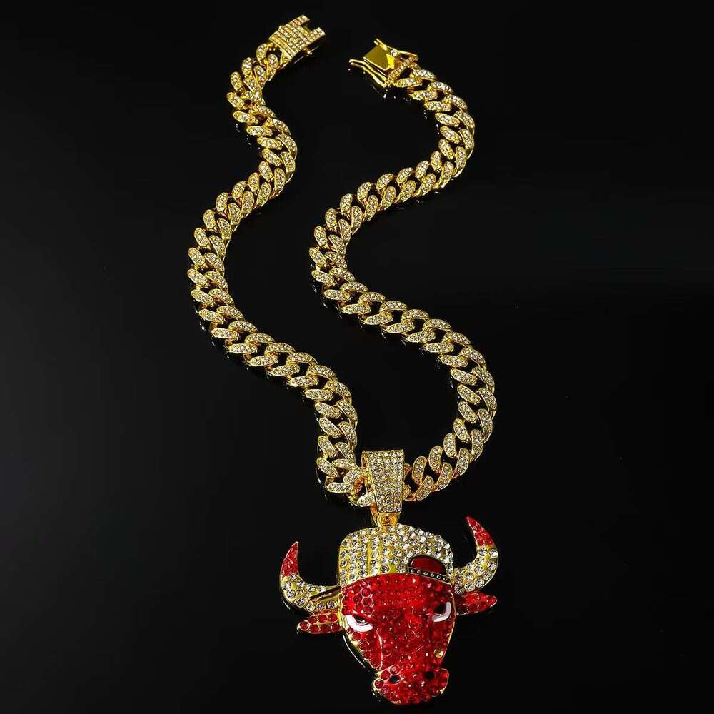 Gold Red Bull Head Pendant Full Diamond Cuban Chain Alloy Necklace Hip Hop European And American