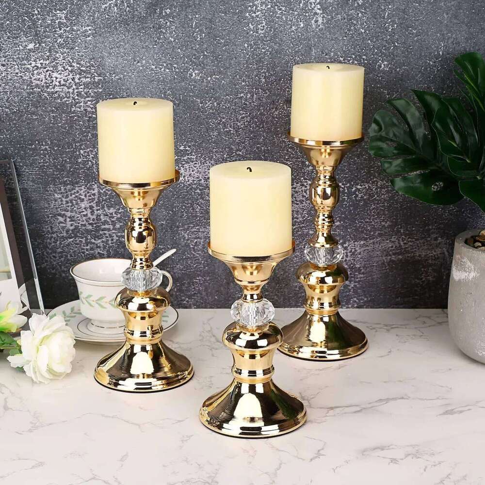 Set of 3 Sizes Gold Candlestick Vintage Holders Elegant Metal Crystal Pillar Candle Stands Y260131