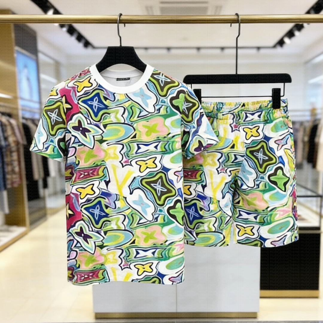 Men's Women's Casual Short Sleeve T-Shirt and Shorts Set Fashion Graffiti Print 2 Piece Outfit Summer Streetwear Matching Tracksuit