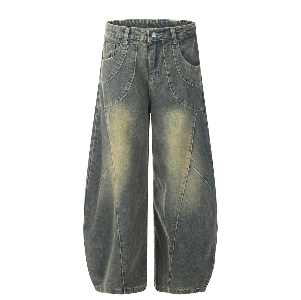 American Style Vintage Washed Denim Scimitar Pants Men Heavy Stitching Split Deconstructed Loose Wide Leg Trousers Trendy