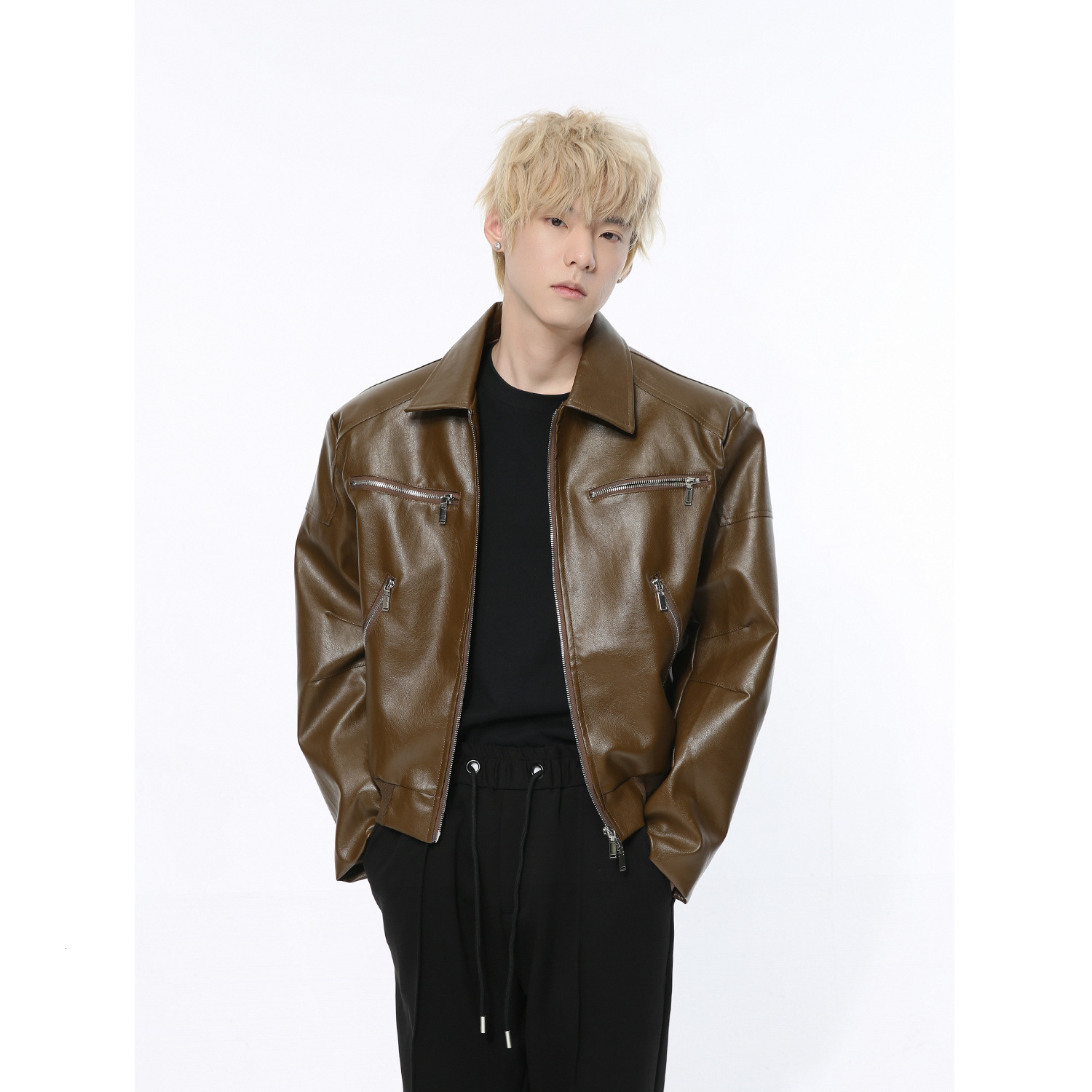 American Vintage Zipper Short Red PU Leather Jacket For Men High Street Casual Lapel Loose Oversized Coat Male 12C1776 241122