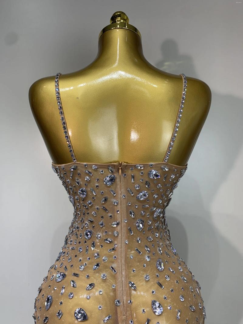 Casual Dresses Luxury Rhinestones Sexy Mesh See Through Bodycon Dress Women Birthday Evening Cocktail Party Gown Red Carpet Club Stage - view 9