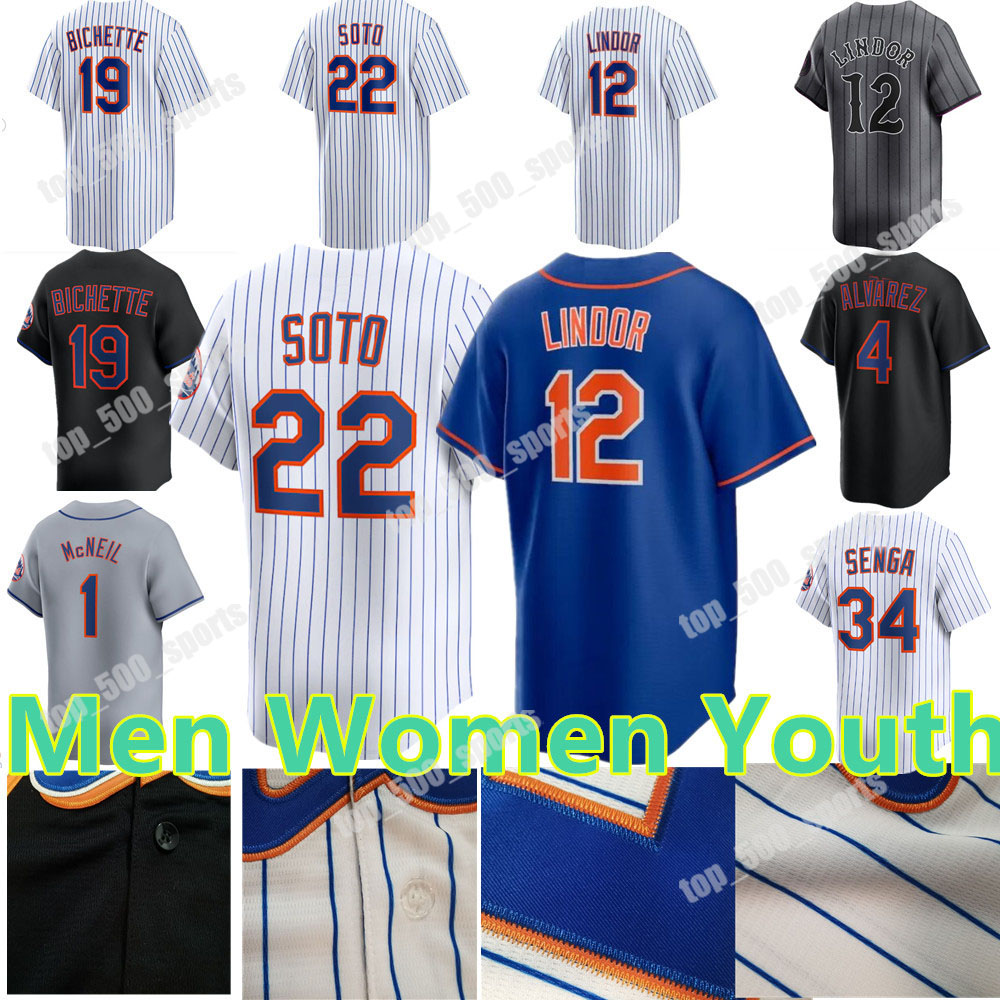 Custom Francisco Lindor Jersey Bo Bichette Juan Soto Francisco Alvarez Kodai Senga Mark Vientos Brandon Nimmo Edwin Diaz Mets Jeff McNeil Baseball Men Women Youth