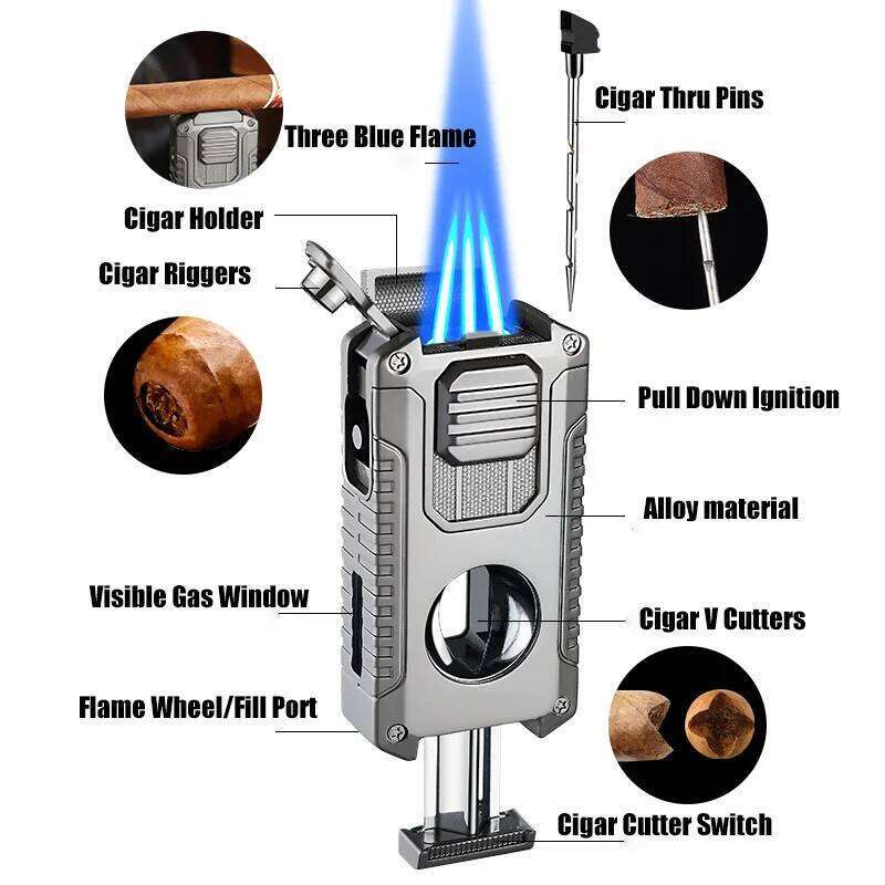 Strong Three Flame Lighter Multi-function V-shaped Cutter Bottom Drill Cigar Thru Needle Visual Gas Window W260202