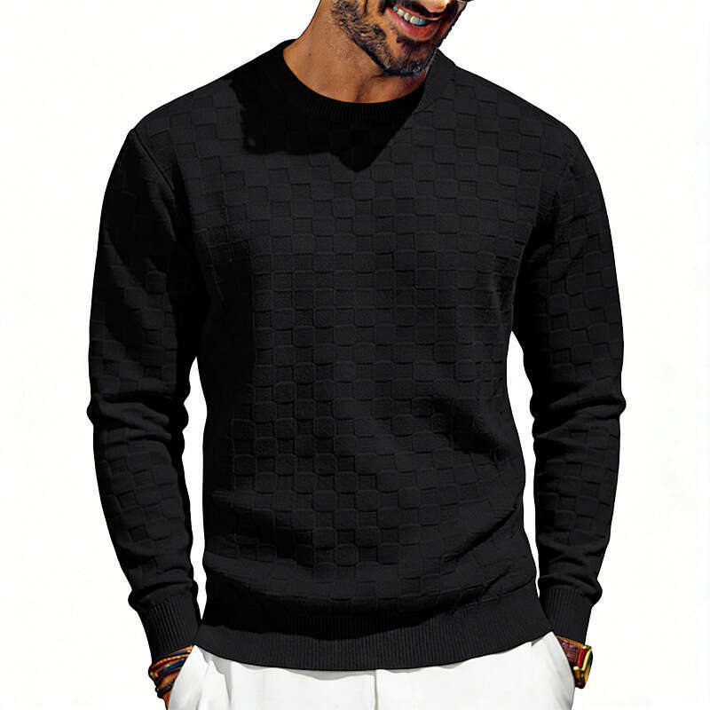 Men's Sweatshirt Style Spring and Autumn Loose Casual Simple Towel Jacquard Checkerboard Round Neck Long Sleeve Outdoor Recreation