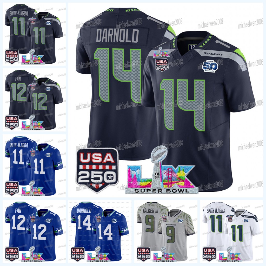 Seattles Seahawkss 2026 Super Bowl LX Champions 50th Anniversary USA 250 Patch Football Jersey Jaxon Smith-Njigba Devon Witherspoon Walker Lockett Bobby Wagner