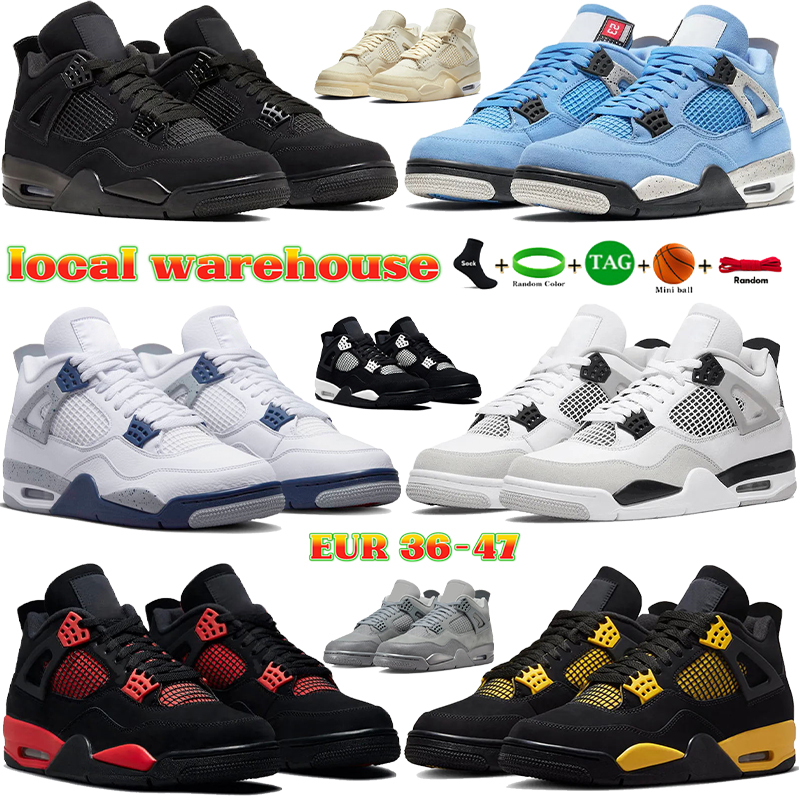 Local Warehouse Black Cat 4 basketball shoes 4s for mens womens sneakers outdoor sports trainers White Cement Red University Blue free shipping women shoe size 36-47