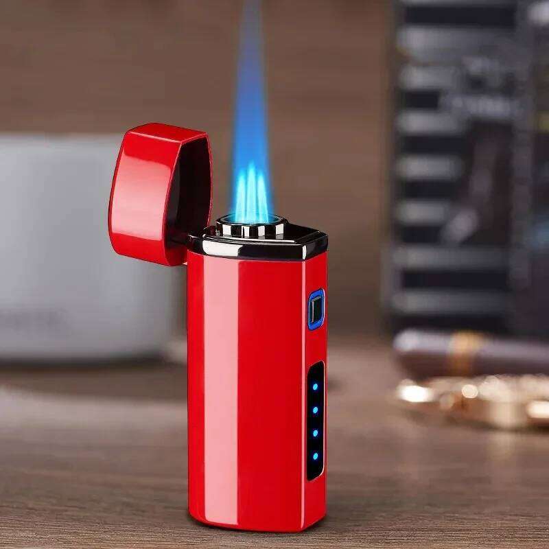 New Touch Sensing Metal Outdoor Windproof Electric USB Turbo Three Torch Blue Flame Gas Lighter Cigar Tool Men's Gifts W260202