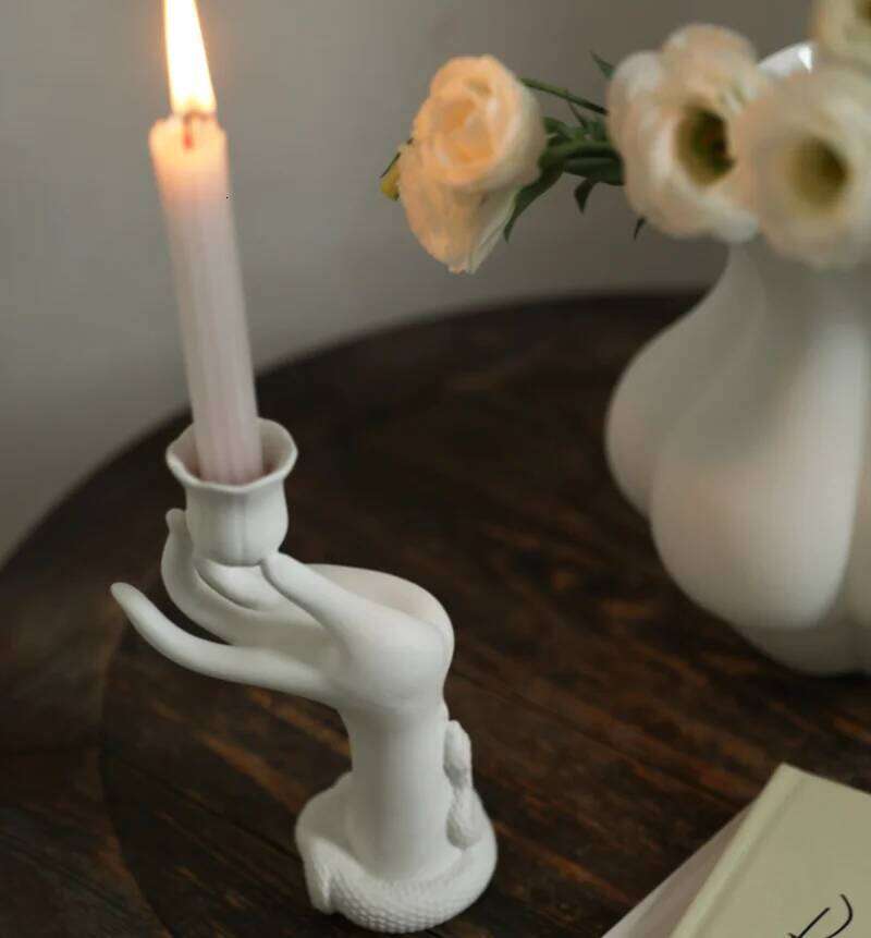 Nordic Muse White Flower Ceramic Candlestick Holder, Beauty Finger Candlestick, Desktop Decoration, Sculpture, Modern Decoration Y260131