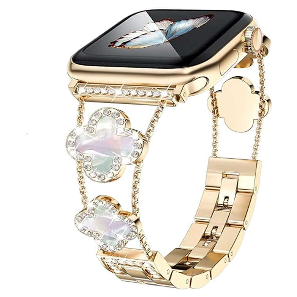 Sparkly Diamond-Encrusted Clover Metal Band Bling Rhinestone Bracelet Strap Compatible with Apple Watch SE1-11 Series