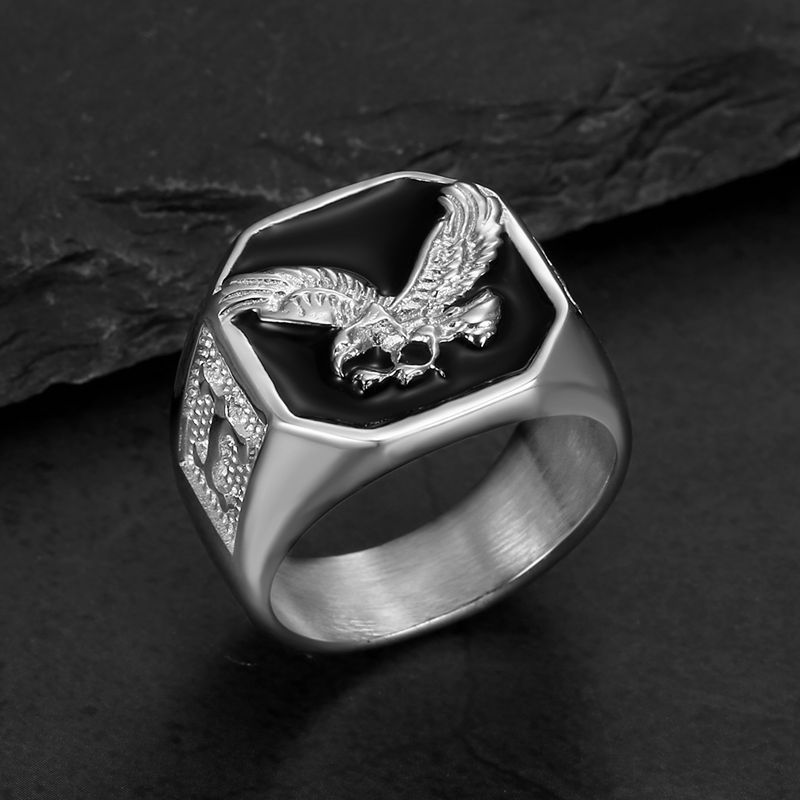 Hip Hop Square Black Oil Dripping Eagle Casting Animal Ring 316L Stainless Steel Gold Plated Jewelry