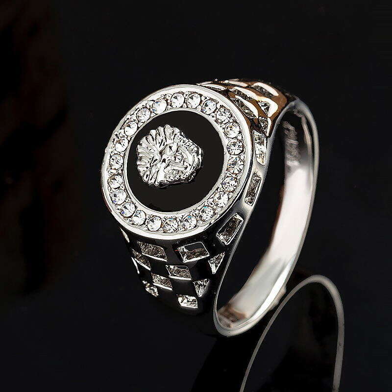 Jewelry European and American Fashion Men's Portrait & Ring Inlaid with Diamonds Hollow Oil Drop Round Lion Head Index Finger Ring