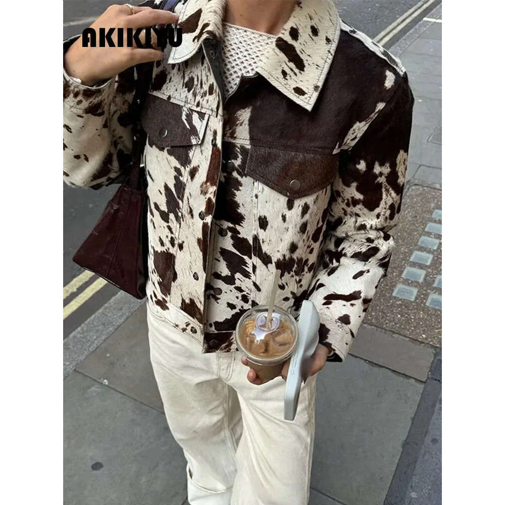 Fashionable Printed Short Leather Jacket With Collar Long Sleeve Single Chest Autumn Womens High Street Top AKIKIYU