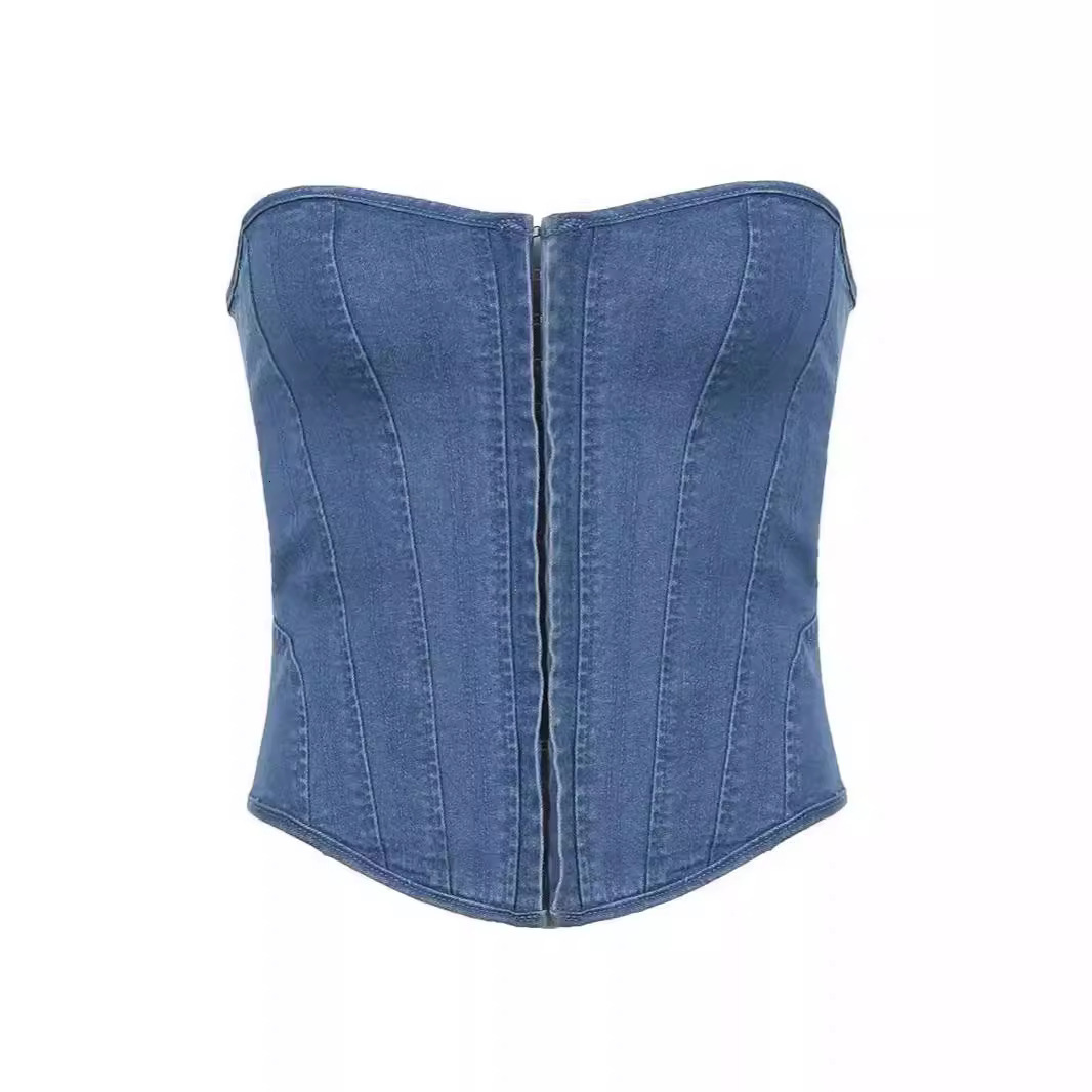Summer Slim Fit Washed Vintage Denim Tube Top Vest Sexy Strapless Short Tie Womens Clothing 240407