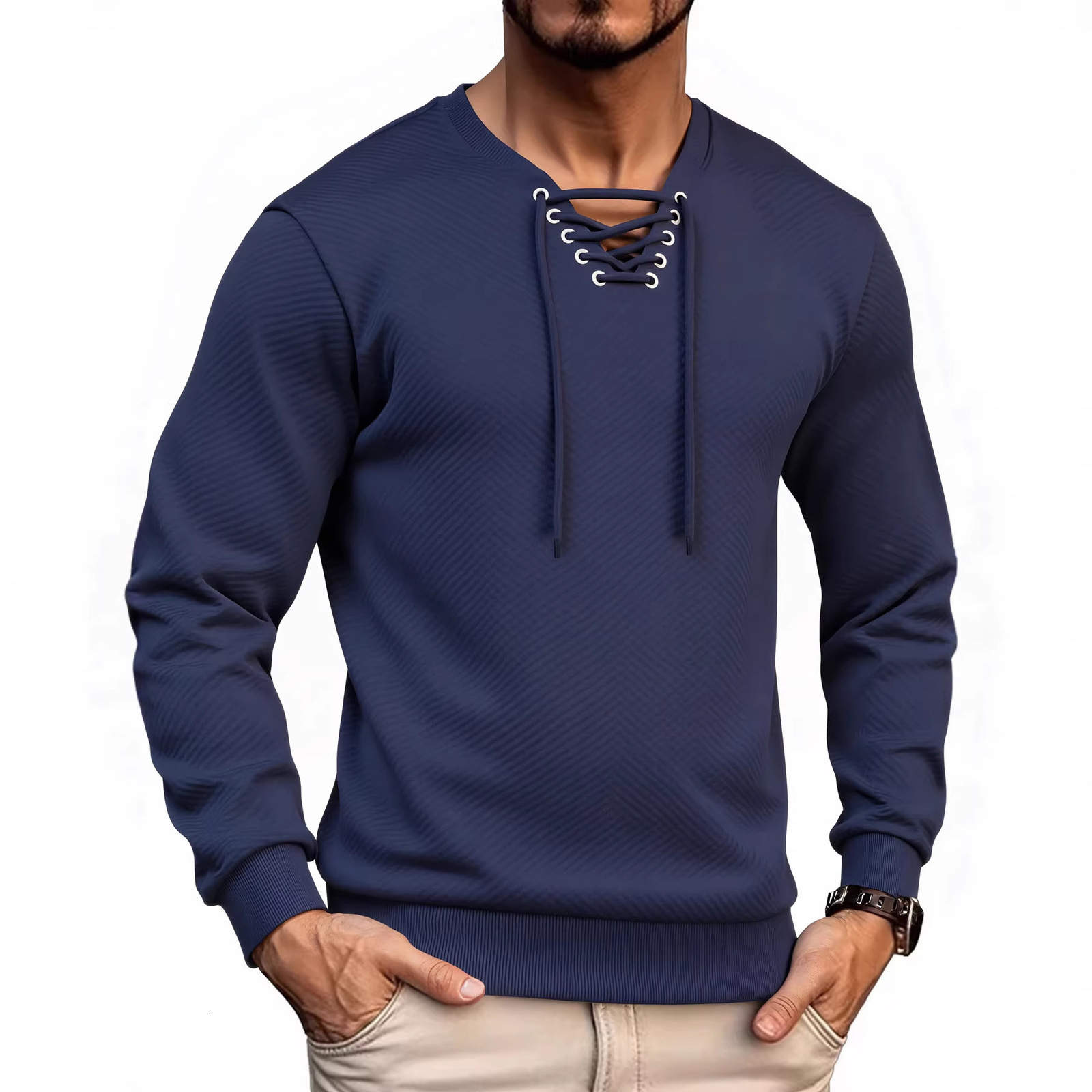 Textured Laceup Vneck Clean Fit Long Sleeve Tshirt for Men Spring and Autumn Trendy Brand Design Cool Knitted Striped Top 240717