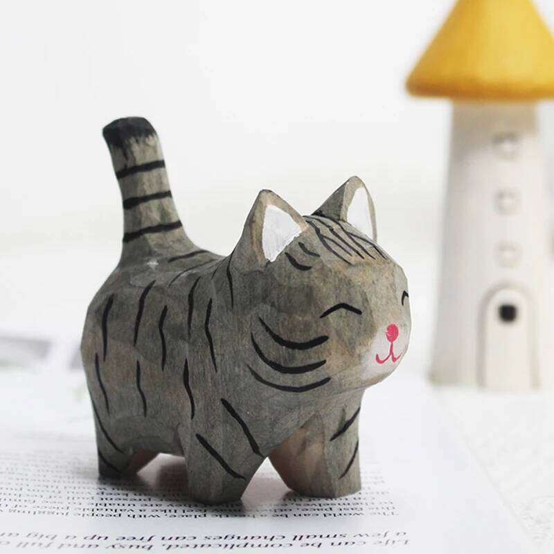 Handmade Carving Kitten Ornaments Small Animal Creative Desktop Wood Cat Decoration Crafts Y260202