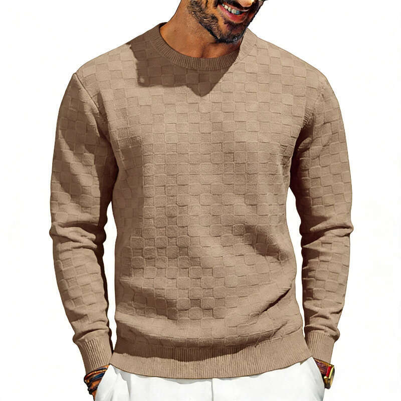 Men's Sweatshirt Style Spring and Autumn Loose Casual Simple Towel Jacquard Checkerboard Round Neck Long Sleeve Outdoor Recreation