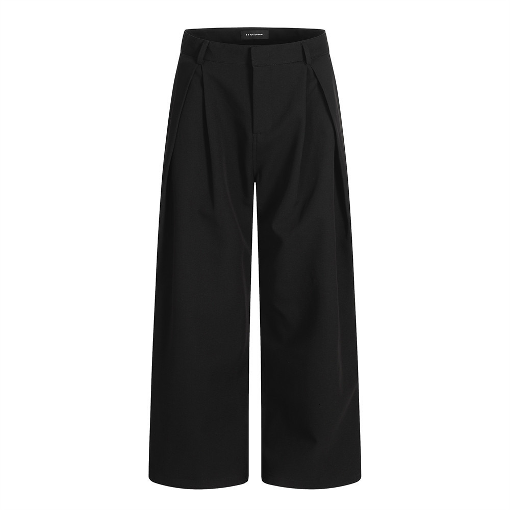 American High Street Solid Color Loose Wide-Leg Pants Mens Vibe Trend Basic Three-Dimensional Double Pleated Draped Casual Trousers