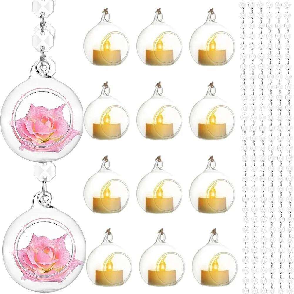 6/12Pcs Glass Candlestick LED Tealight Candle Holder Hanging Plant Crystal Ball for Wedding Home Party Tree Decoration Y260131