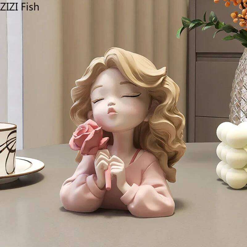 Wavy Blonde Hair Girl Figures Rose Flower Statue Desk Decoration Exquisite Character Resins Sculpture Room Aesthetics Decor Y260202
