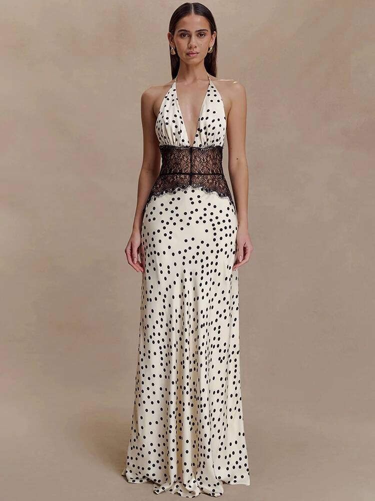 Mozision Polka Dot Backless Sexy Maxi Women Gown Elegant Patchwork Lace Halter Deep V Neck Sleeveless Bodycon Club Dress