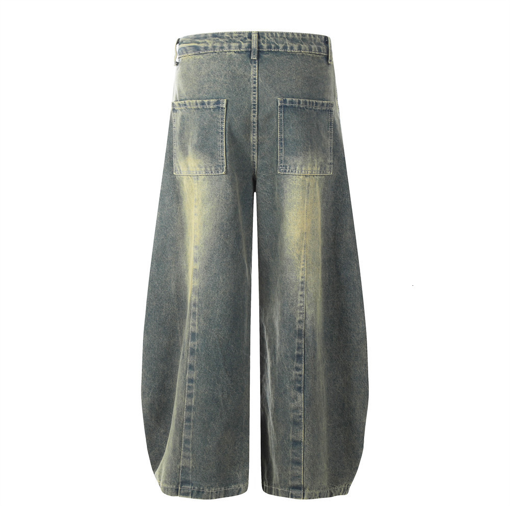 American Style Vintage Washed Denim Scimitar Pants Men Heavy Stitching Split Deconstructed Loose Wide Leg Trousers Trendy