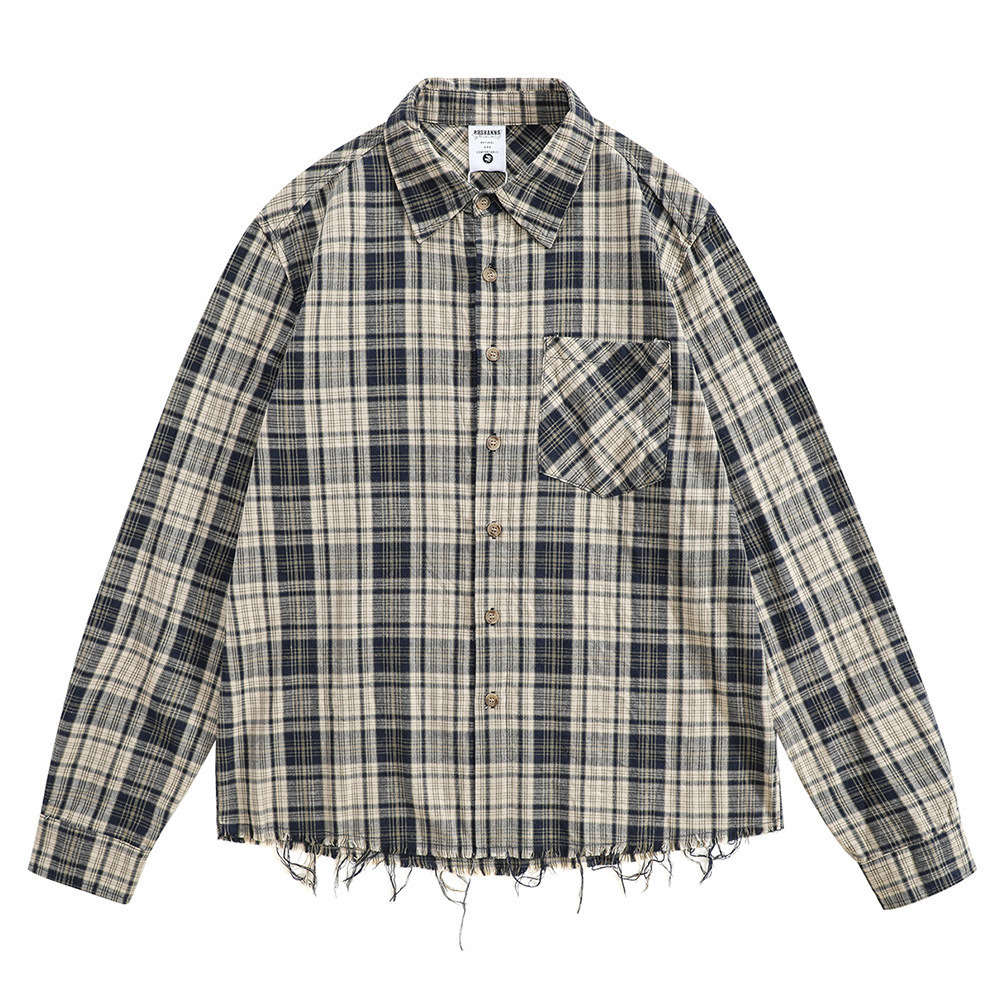 Color-Block Plaid Long-Sleeve Shirt Autumn Mens American Style Cool Trendy Frayed Loose Casual Versatile Cardigan Shirt